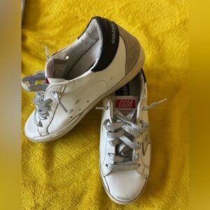 Golden Goose White Leather Sneakers with Silver Laces and Black Heel Tab